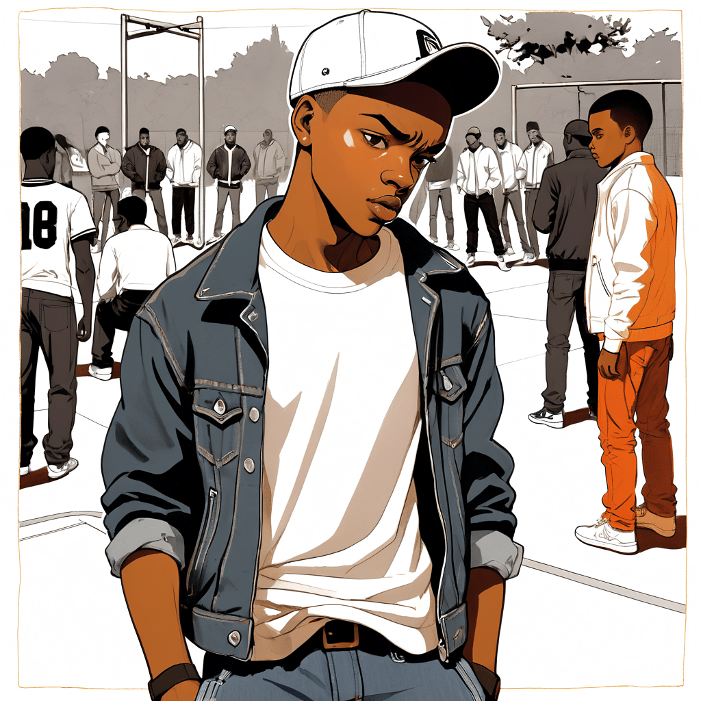 Yangsters to Role Model — illustration of a young man in white cap and denim jacket on a basketball court